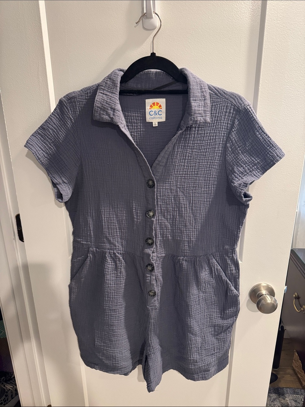 C&C California Short-Sleeve Button Romper in Slate Blue